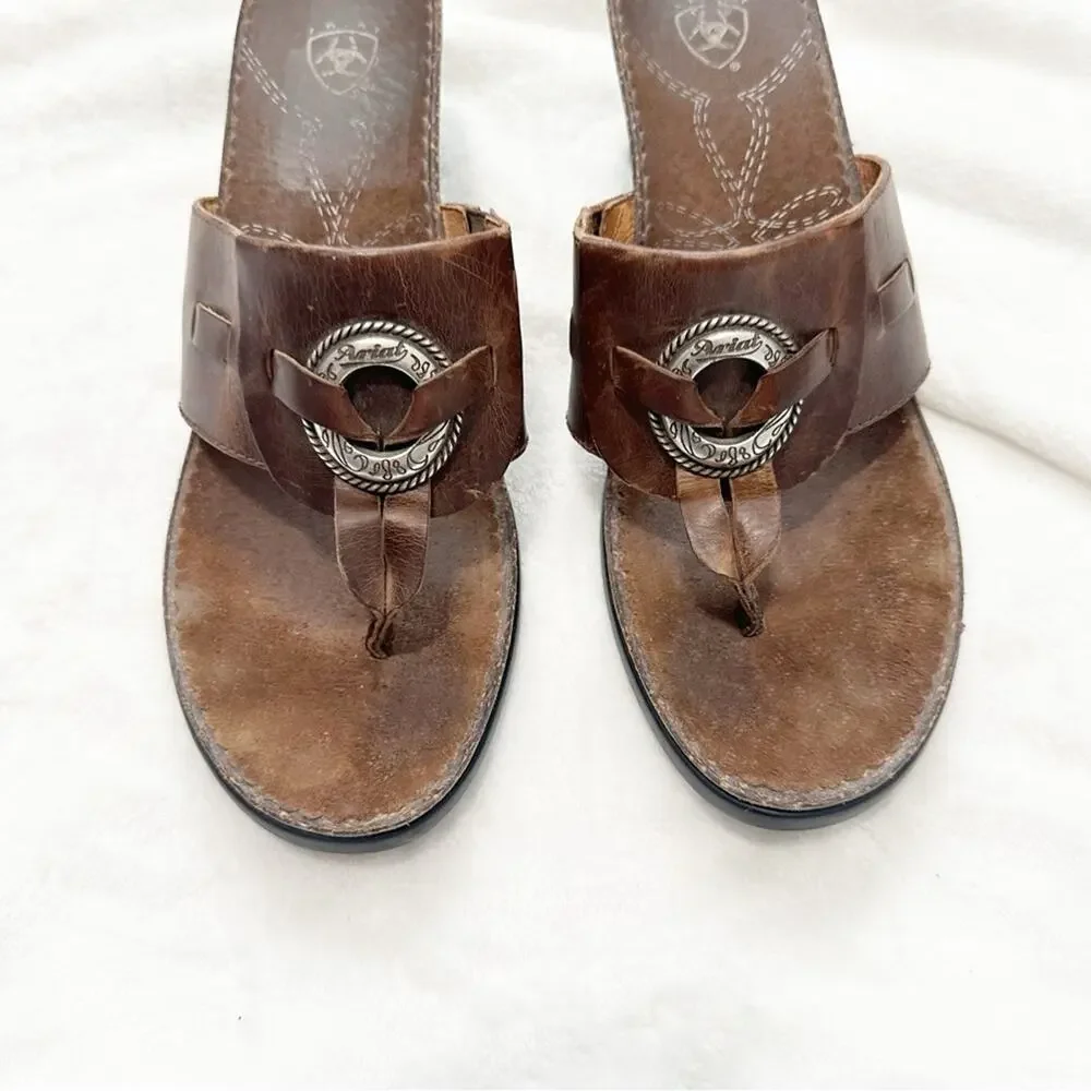 Ariat Brown Leather Sandals t strap with Silver Accent size 9 wedge cowgirl